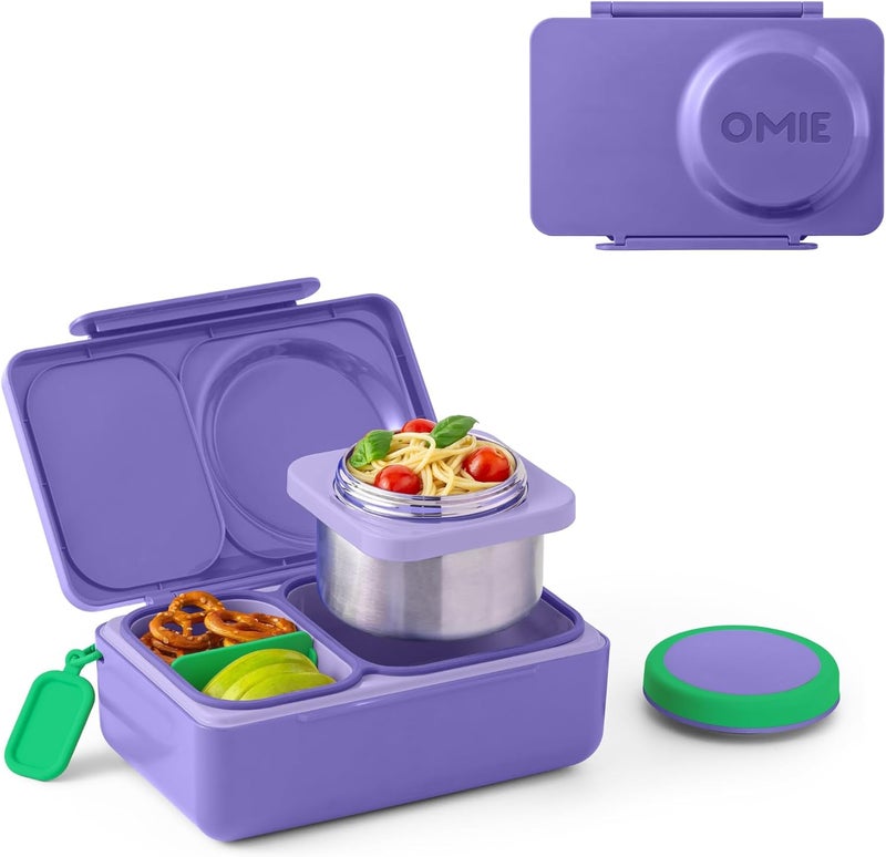 OmieBox UP bento Box for Kids | Insulated Lunch Box | Leak Proof Vacuum Insulated Thermal Food jar | Cooler ice Pack | 2 Compartments (Galaxy Purple) - Image 1